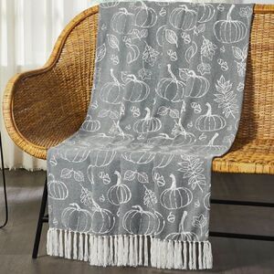NEW! Harvest Pumpkin Gray Cotton Blend Woven Throw Blanket Tassels Autumn Fall